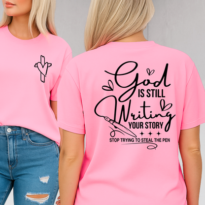 Bright pink inspirational shirt with black writing, styled casually