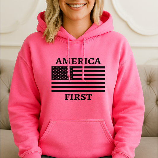 Bright pink women’s hoodie – bold America First message