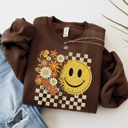 Retro Smiley Face Fall Sweatshirt – Checkerboard Floral Pullover