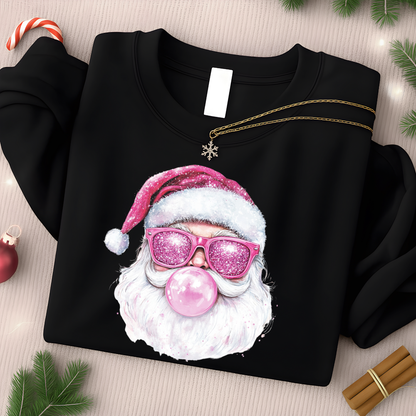 Black sweatshirt flat lay with pink bubblegum Santa Christmas graphic