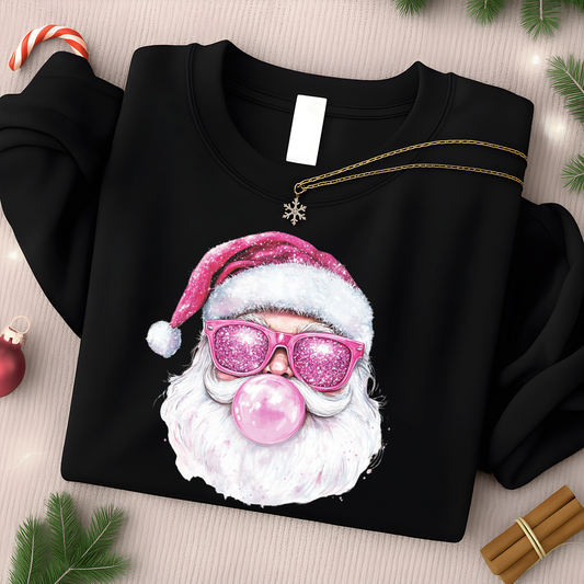 Black sweatshirt flat lay with pink bubblegum Santa Christmas graphic
