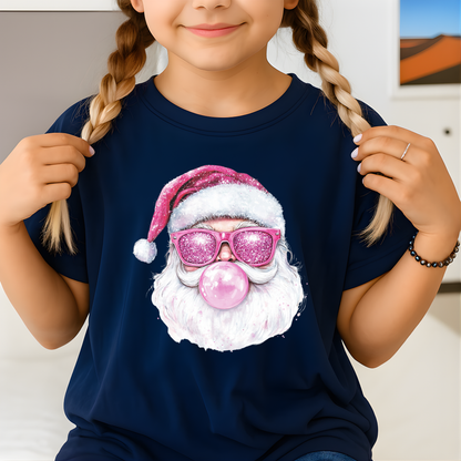 Youth girl wearing navy holiday Tshirt with pink bubblegum Santa design