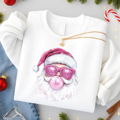 White sweatshirt flat lay with pink bubblegum Santa Christmas design