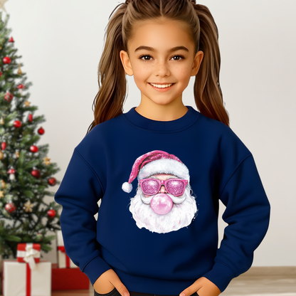 Youth girl wearing navy sweatshirt with pink bubblegum Santa graphic