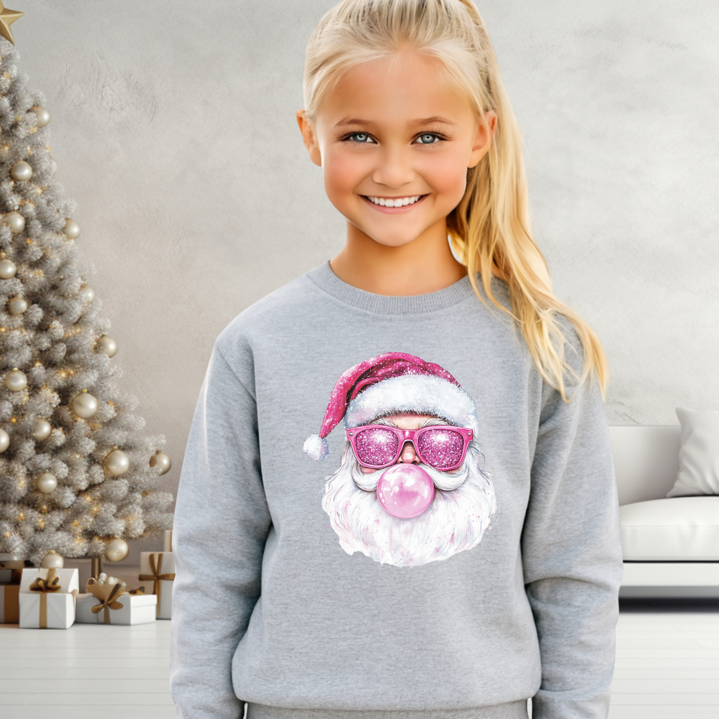 Youth girl wearing sports gray sweatshirt with bubblegum Santa design