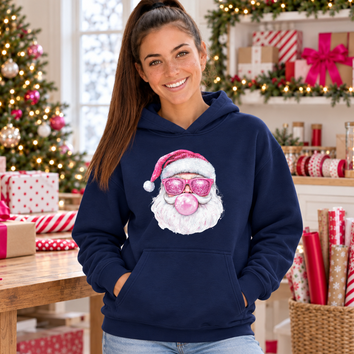 Woman wearing a navy Bubblegum Santa hoodie in a festive gift-wrapping room with a decorated Christmas tree