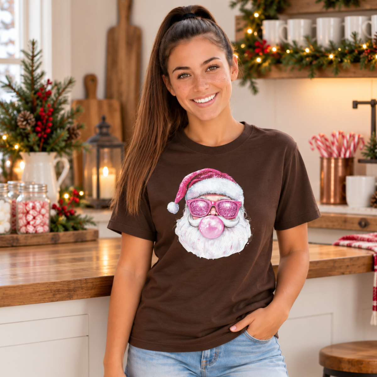 Woman wearing a brown Bubblegum Santa T-shirt in a cozy Christmas kitchen with candy canes, lanterns, and greenery