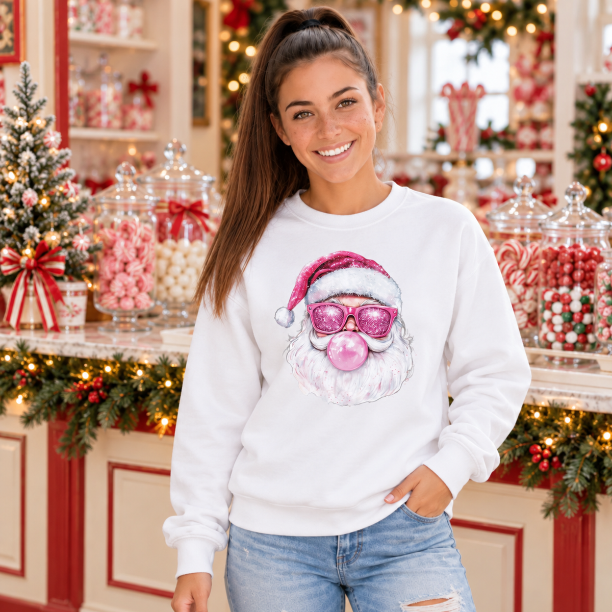 Woman wearing a white Bubblegum Santa crewneck sweatshirt in a festive candy shop with Christmas lights and candy jars