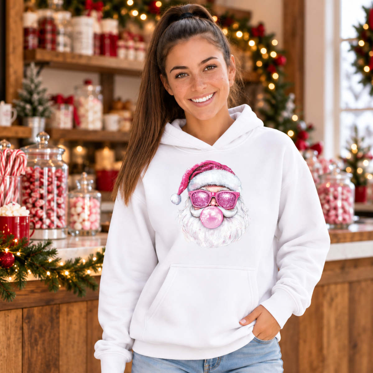 Woman wearing a white Bubblegum Santa hoodie in a rustic Christmas candy shop with peppermint jars and greenery