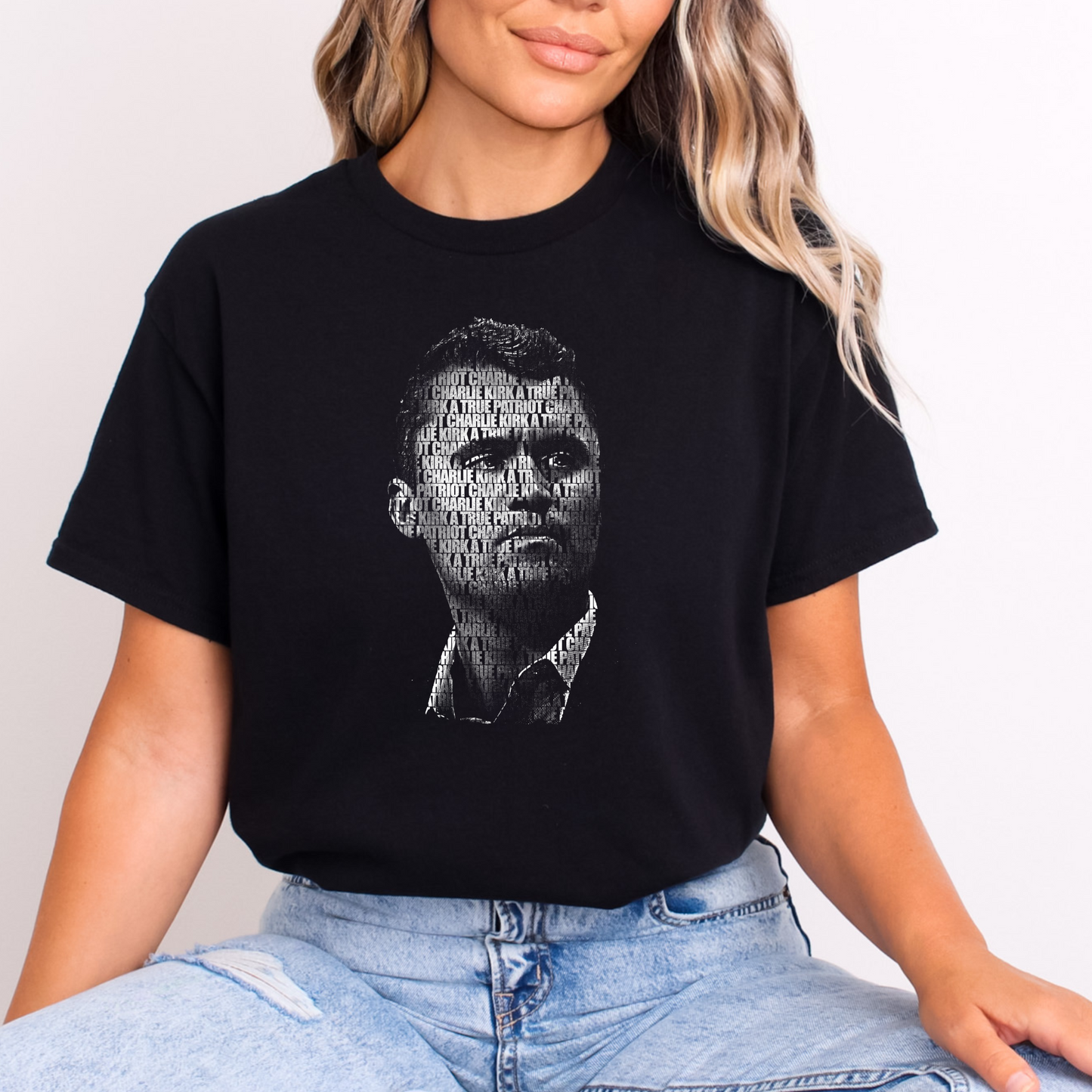 Charlie Kirk memorial tribute shirt women's lifestyle photo black conservative remembrance wear unisex sizing