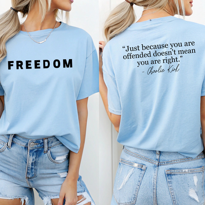 Woman wearing pink FREEDOM t-shirt front view