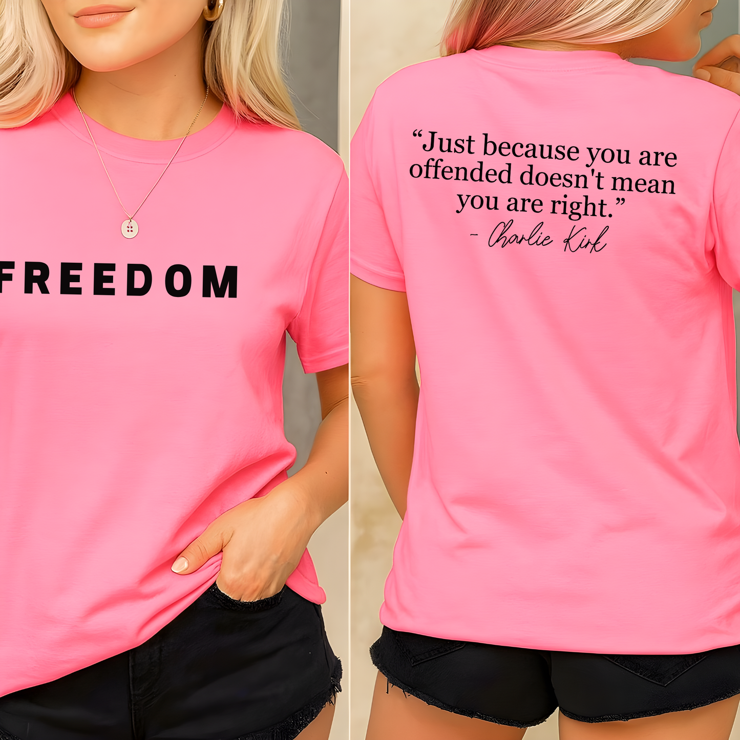 Close up back view of pink FREEDOM t-shirt with quote