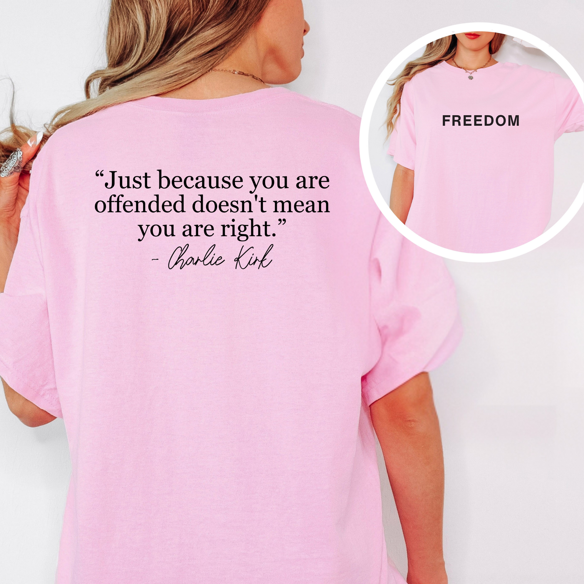 Woman wearing light blue FREEDOM t-shirt front view