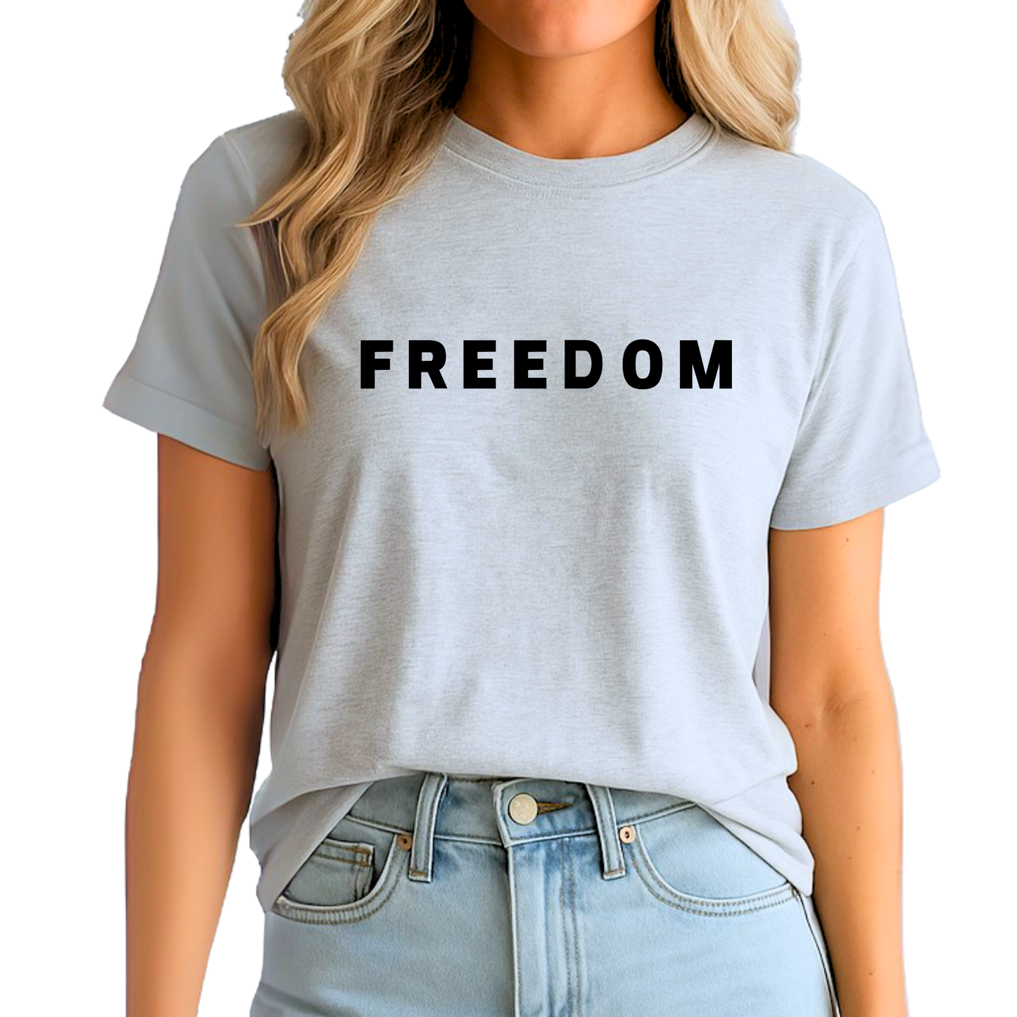Navy blue FREEDOM women’s t-shirt on hanger flat lay