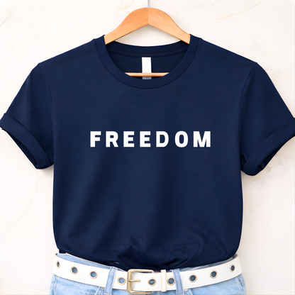 Woman wearing black FREEDOM t-shirt with jeans