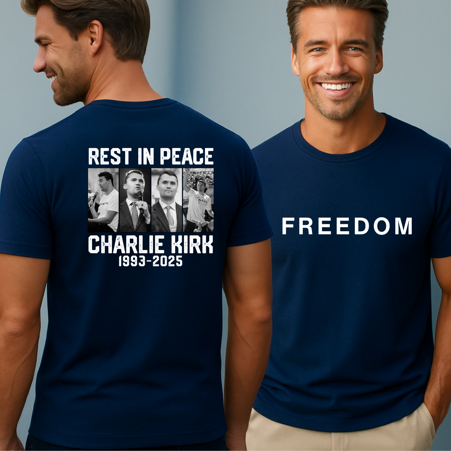Man wearing a blue t-shirt with 'REST IN PEACE CHARLIE KIRK 1993-2025' on the back and 'FREEDOM' on the front.
