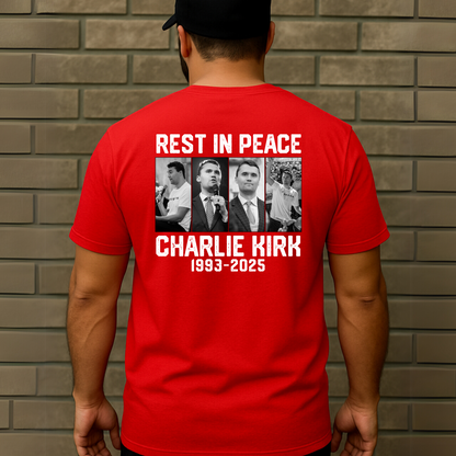 Person wearing a red t-shirt with 'Rest in Peace Charlie Kirk 1993-2025' text and images on the back, standing against a brick wall.
