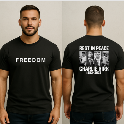 Black Charlie Kirk memorial freedom T-shirt front and back