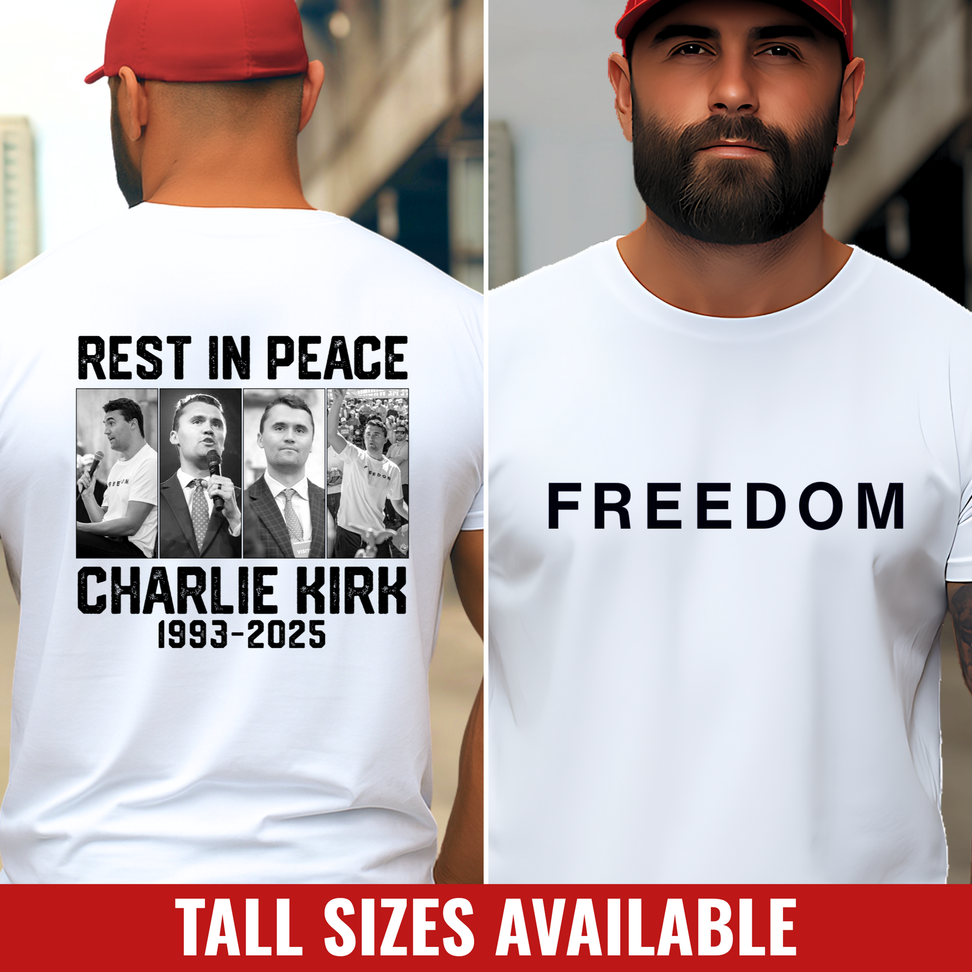 White Charlie Kirk tribute tee tall sizes available