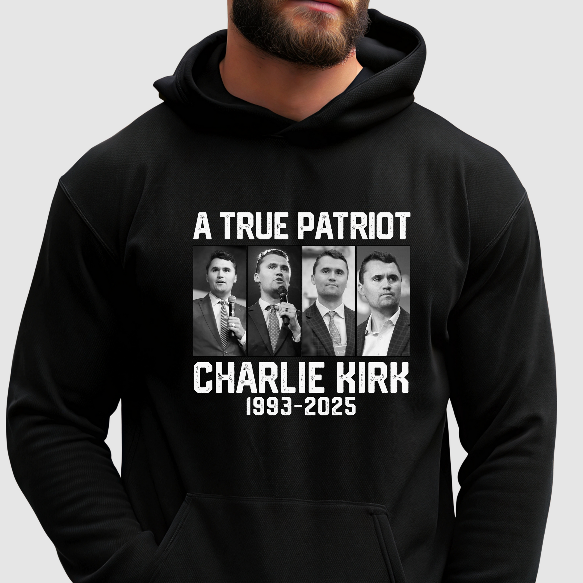 Black Charlie Kirk memorial hoodie with A True Patriot photo tribute, men's conservative memorial sweatshirt 1993-2025 remembrance design
