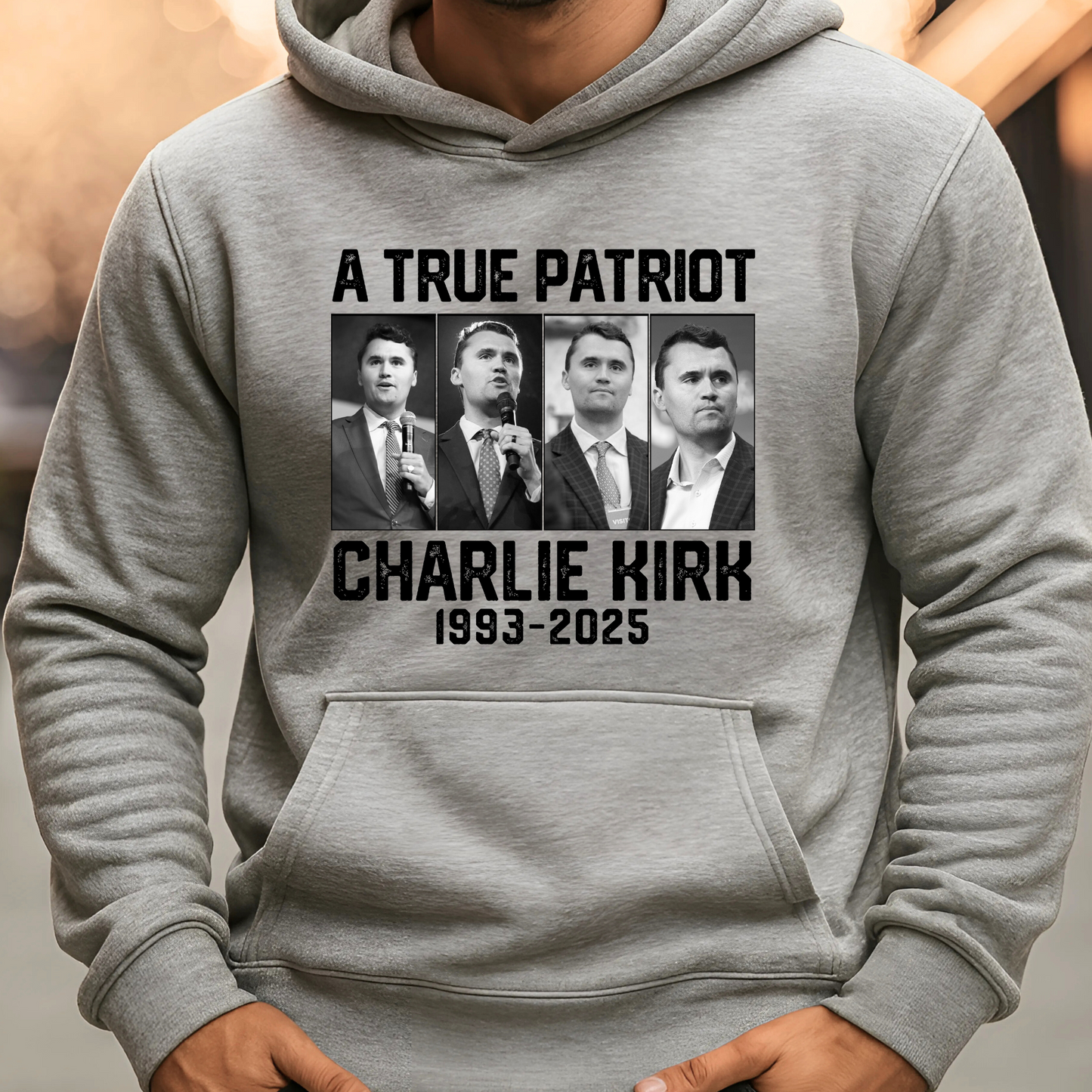 port gray Charlie Kirk memorial hoodie showing photo collage tribute design, men's heavyweight memorial sweatshirt with drawstring hood