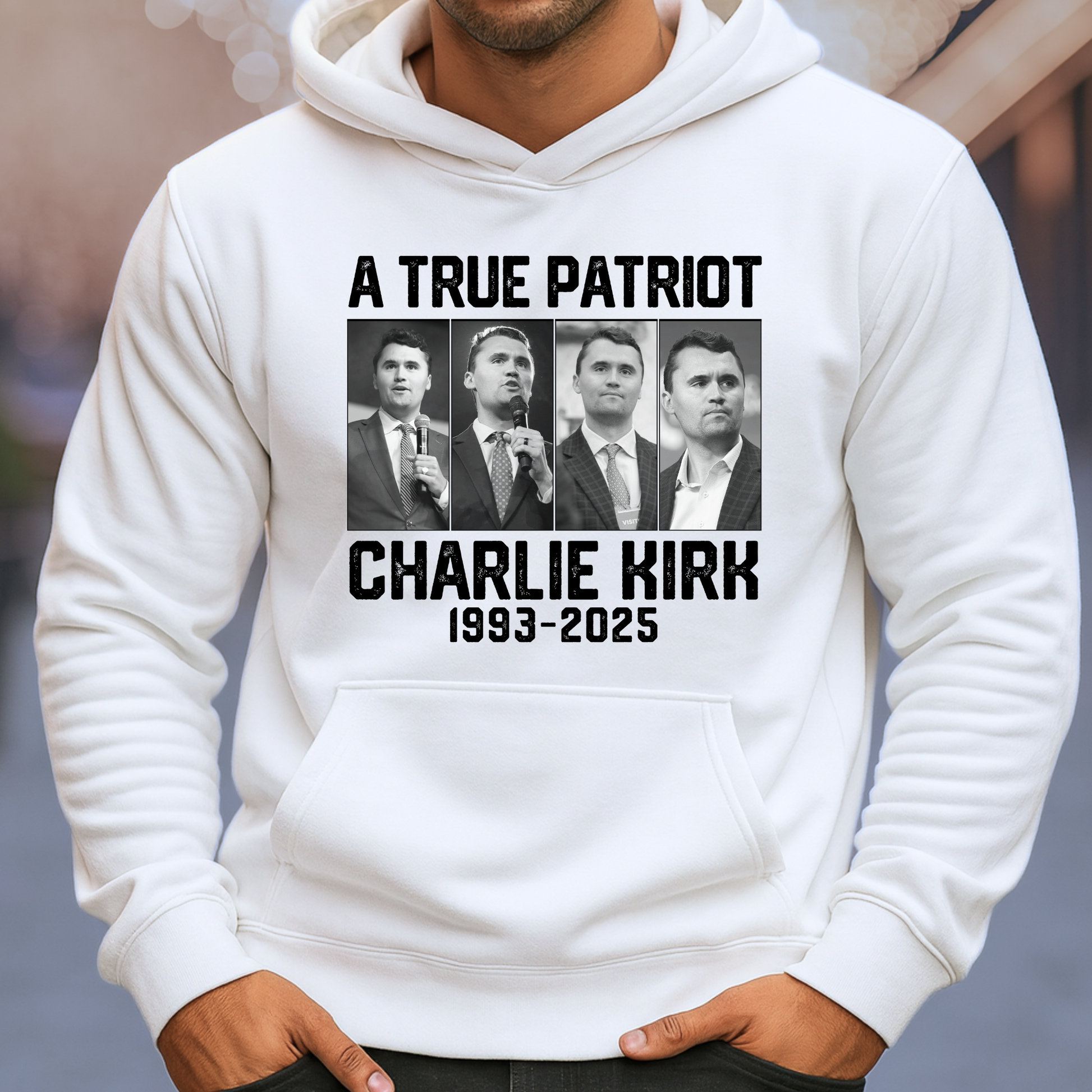White Charlie Kirk memorial tribute hoodie featuring four-panel photo design, men's conservative remembrance pullover with front pocket