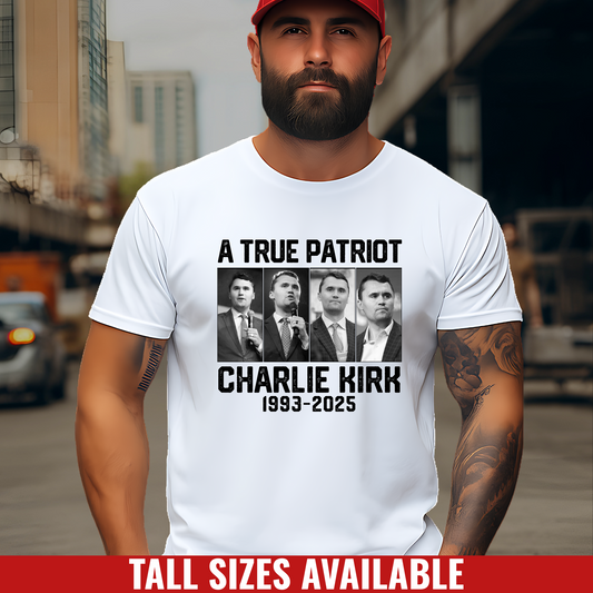 White Charlie Kirk Memorial Shirt – A True Patriot 1993-2025 Tribute Tee worn by a man in a red hat. 
