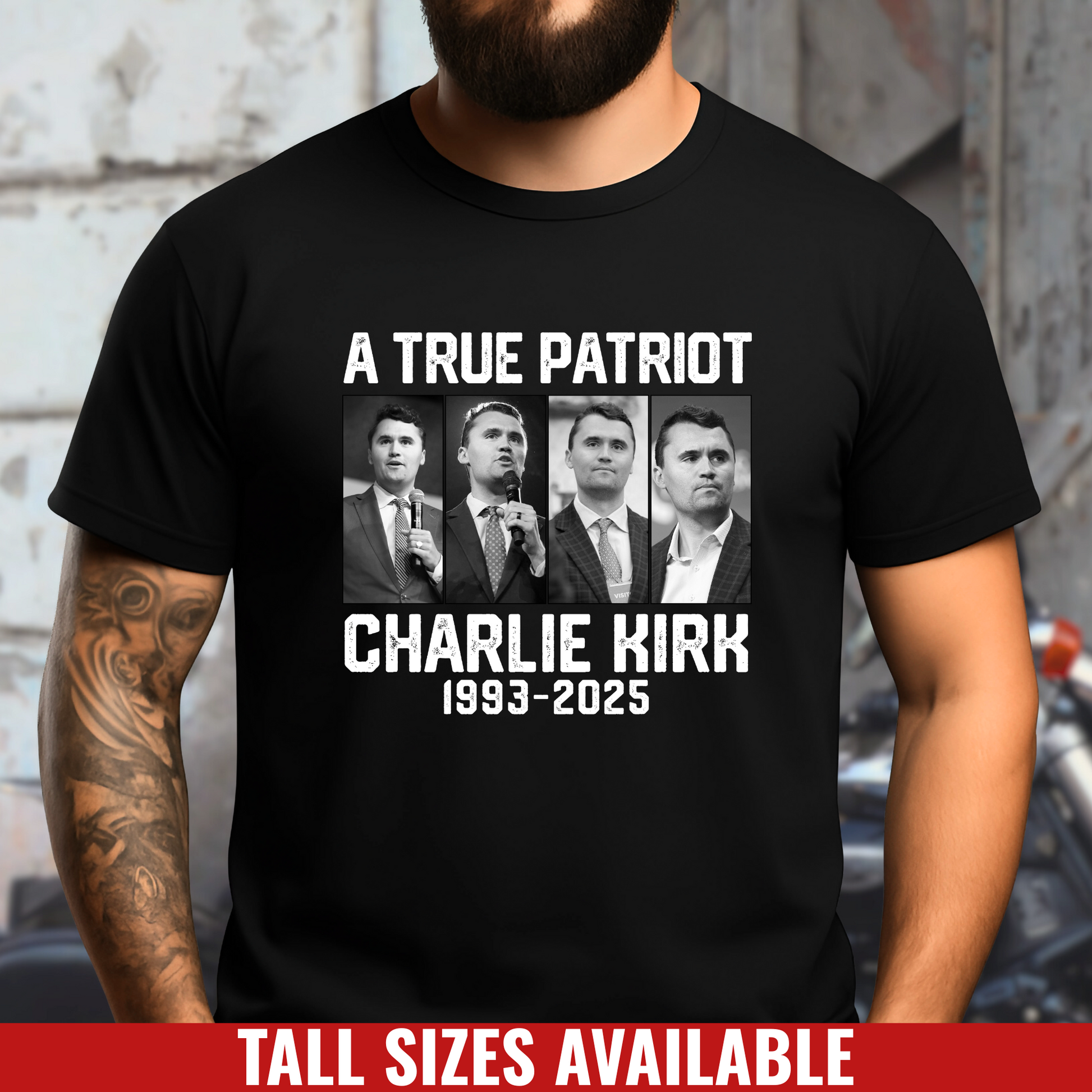Black t-shirt with 'A True Patriot Charlie Kirk 1993-2025' design on a person against a blurred background.