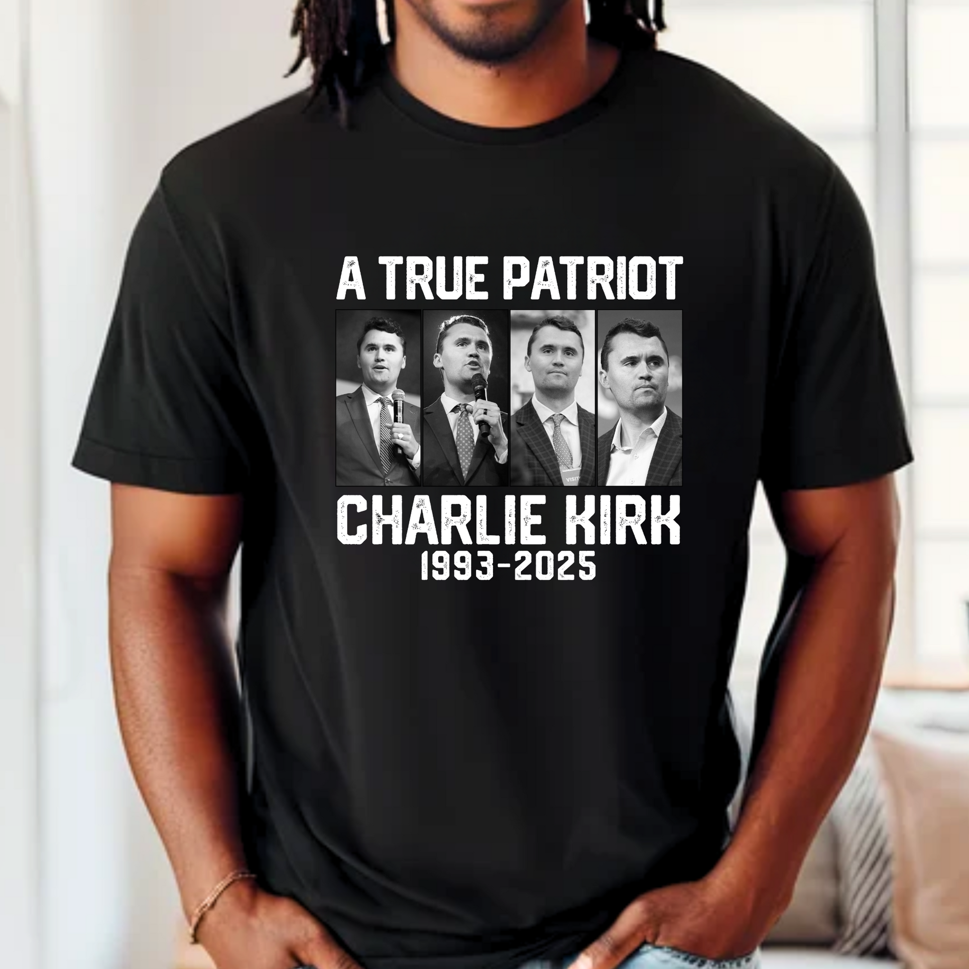 Black t-shirt with 'A True Patriot Charlie Kirk 1993-2025' text and images of a man in suits.
