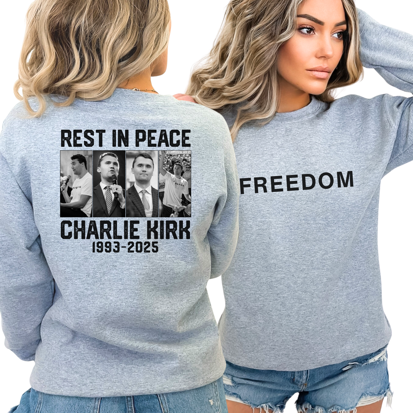 Sports Gray Charlie Kirk Freedom tribute sweatshirt front and back