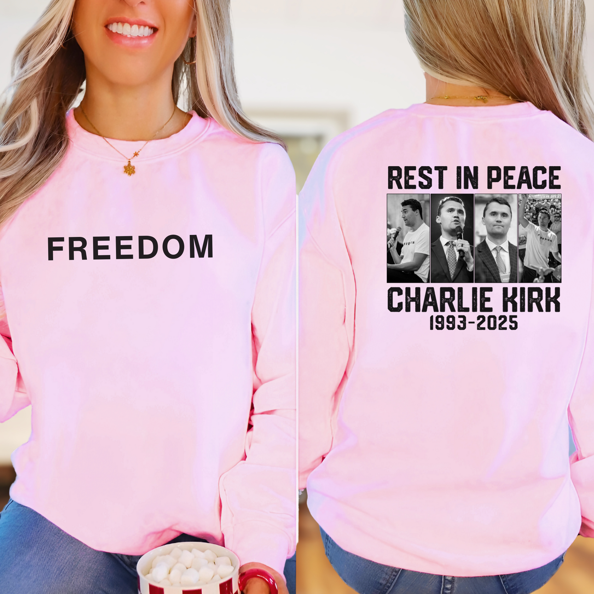 Pink Charlie Kirk tribute sweatshirt with Freedom front print