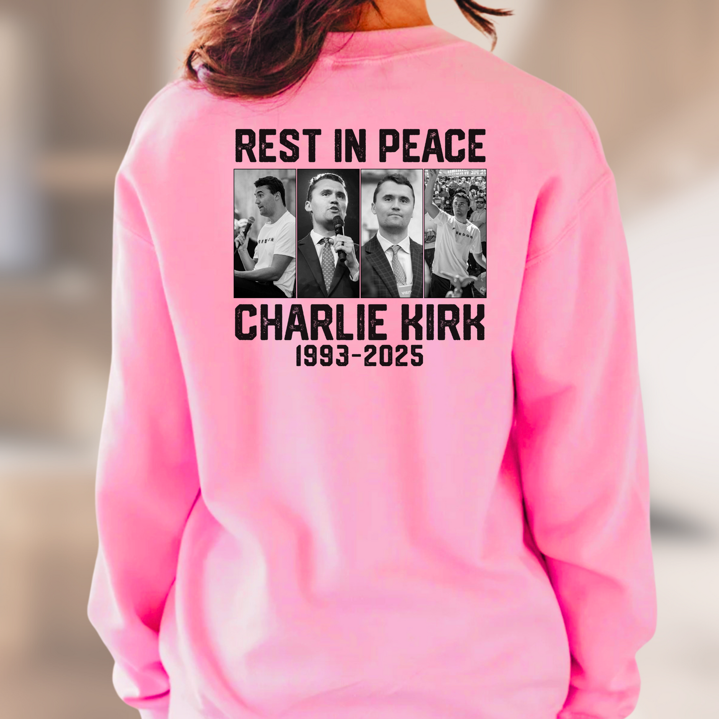 Pink Charlie Kirk memorial sweatshirt with bold front and back print