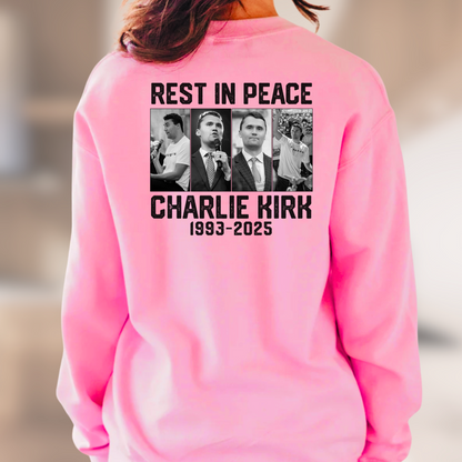 Pink Charlie Kirk memorial sweatshirt with bold front and back print