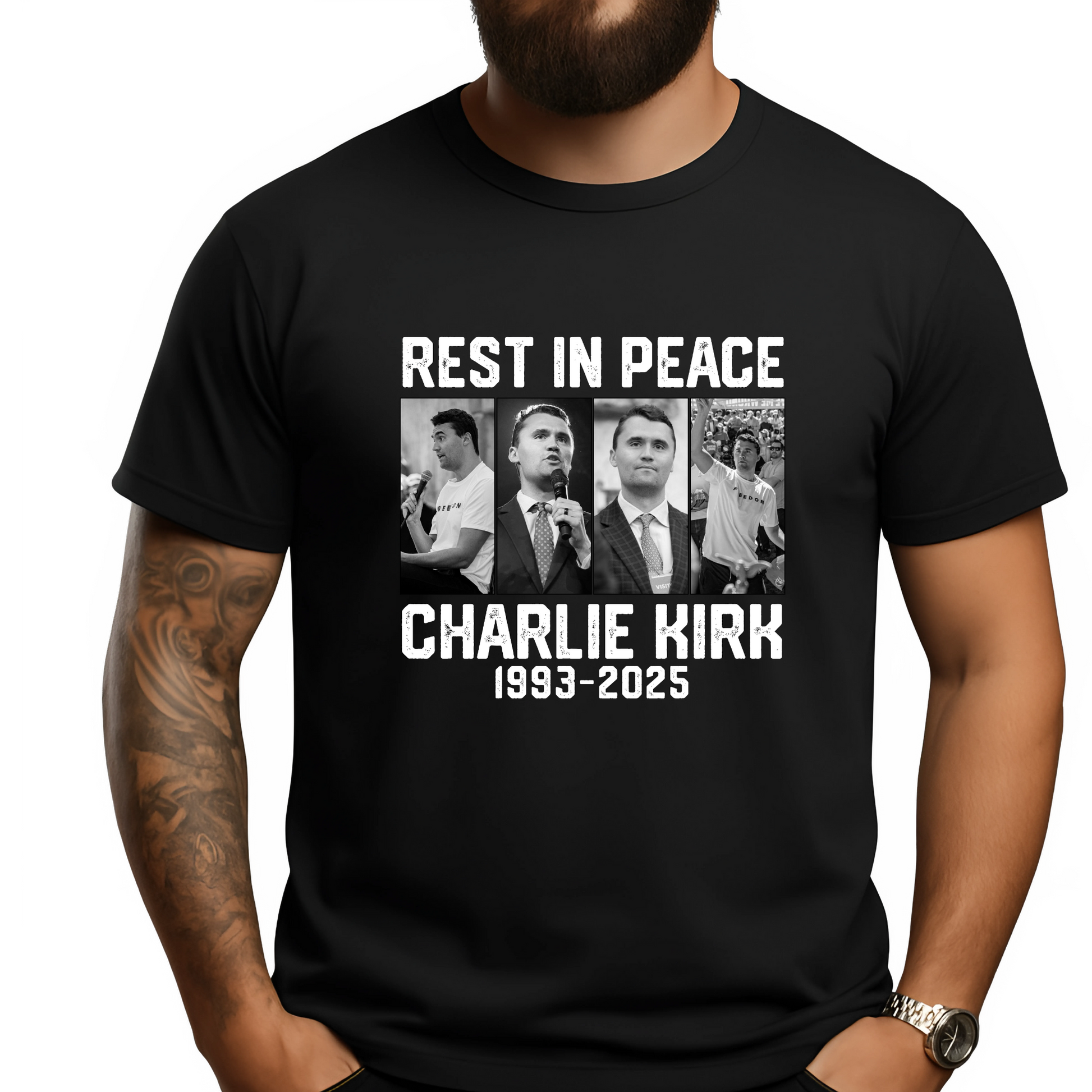 Lifestyle photo of Charlie Kirk memorial shirt worn casually outdoors