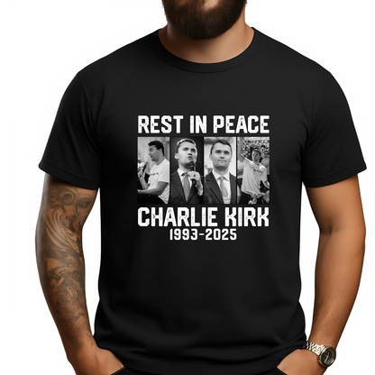 Lifestyle photo of Charlie Kirk memorial shirt worn casually outdoors