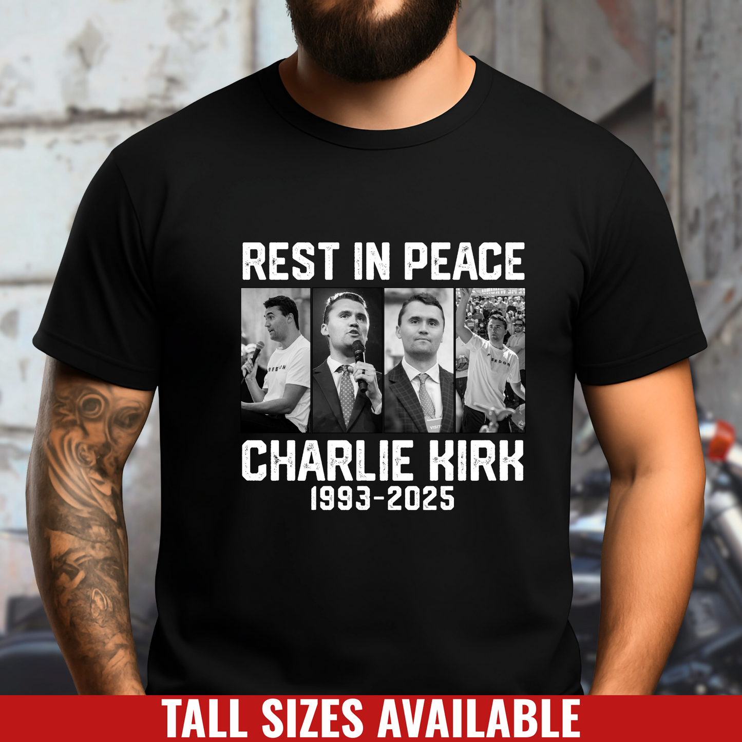 Black t-shirt with 'Rest in Peace Charlie Kirk 1993-2025' text and images of a man, worn by a person.