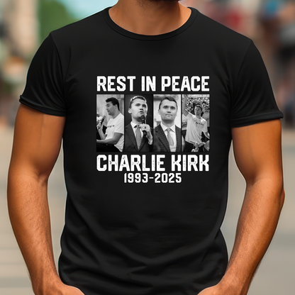 Black t-shirt with 'Rest in Peace Charlie Kirk 1993-2025' design featuring images of a man.