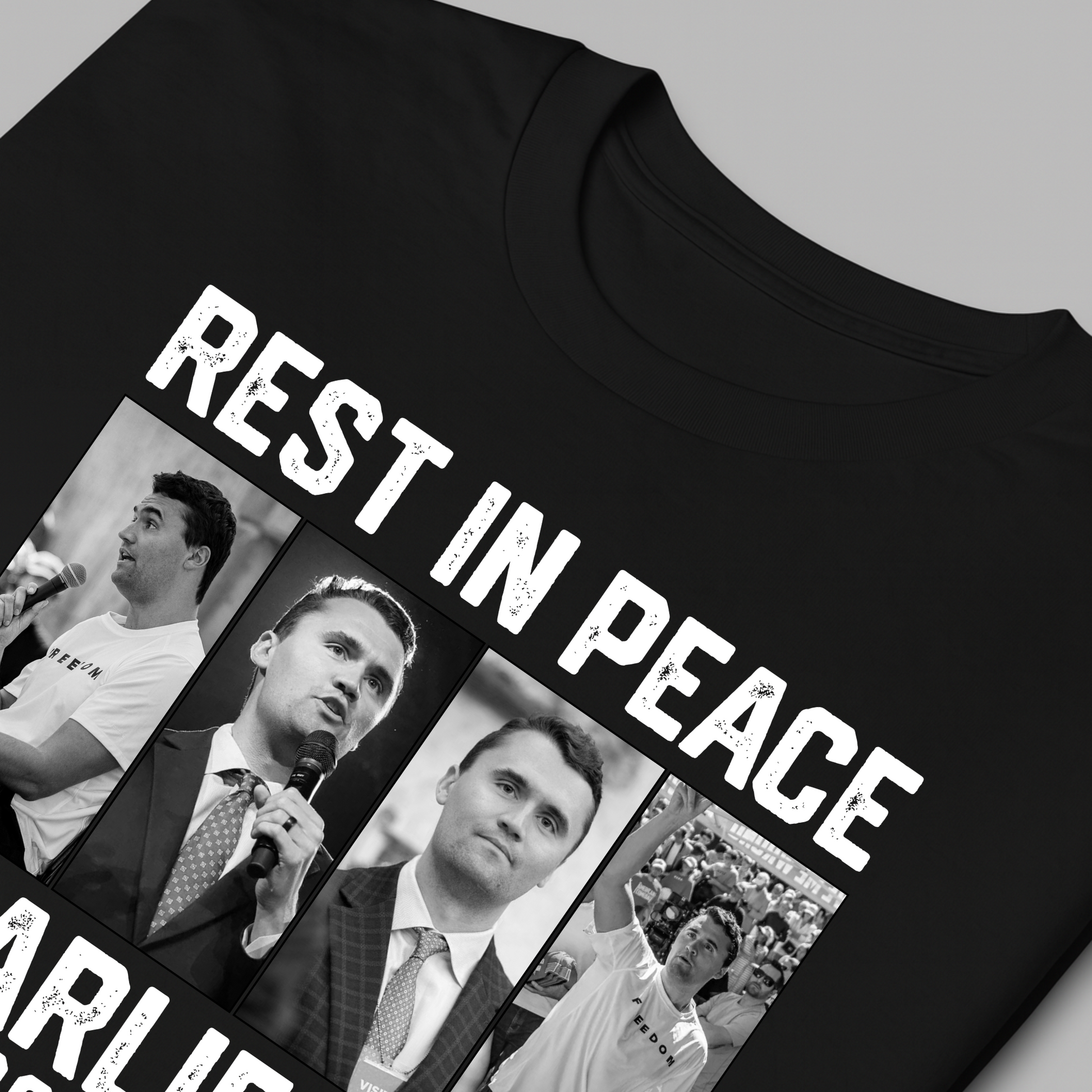 Black T-shirt front view with “Rest In Peace Charlie Kirk 1993-2025” memorial design