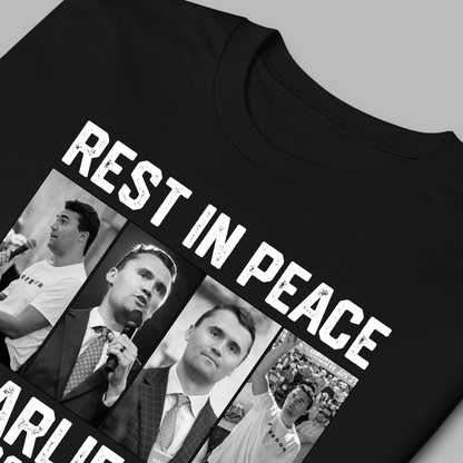 Black T-shirt front view with “Rest In Peace Charlie Kirk 1993-2025” memorial design