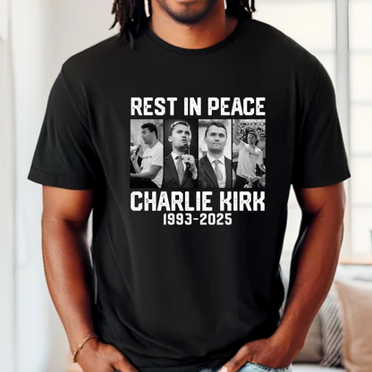 Model wearing black Charlie Kirk memorial shirt with tribute design