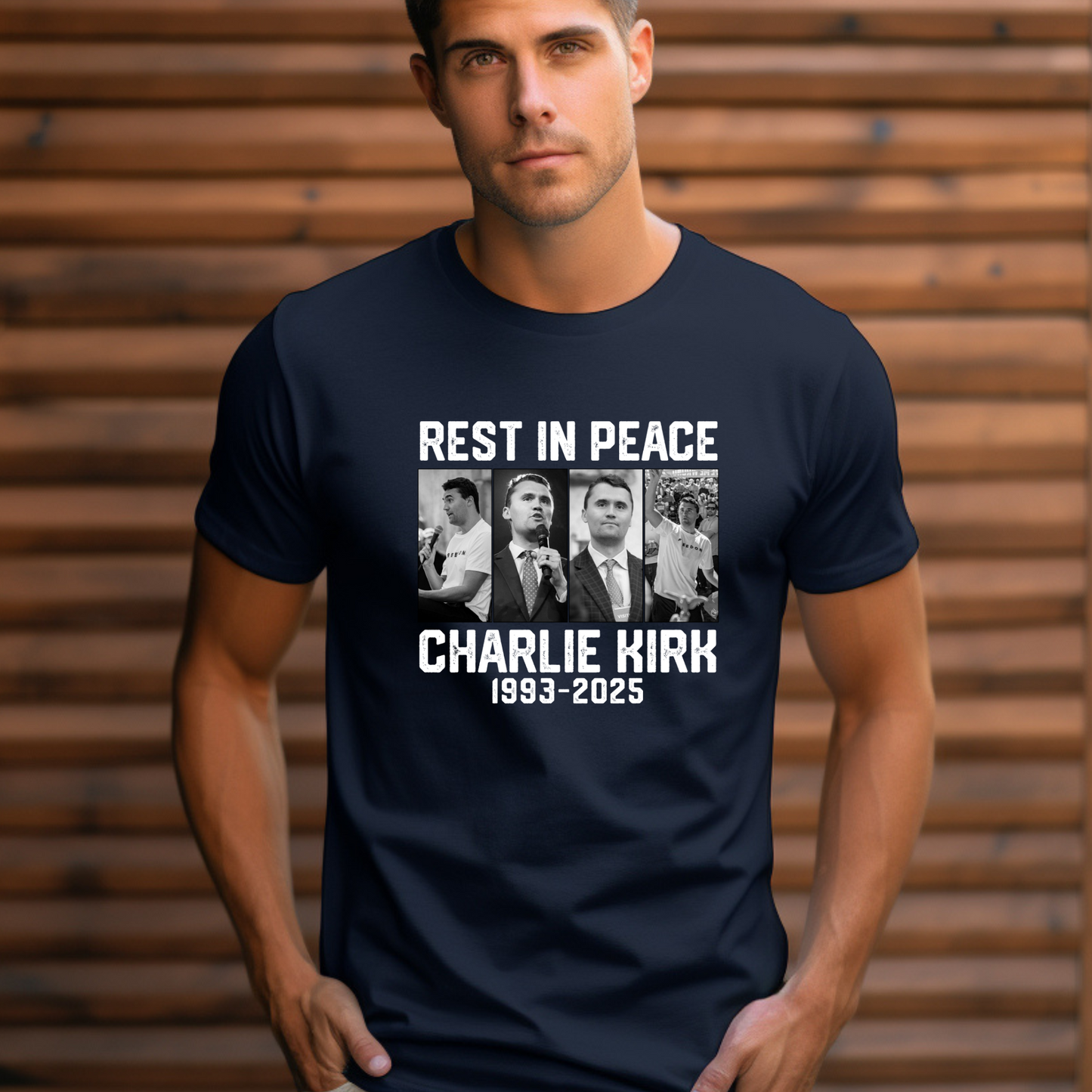 Lifestyle photo of Charlie Kirk memorial shirt worn casually outdoors