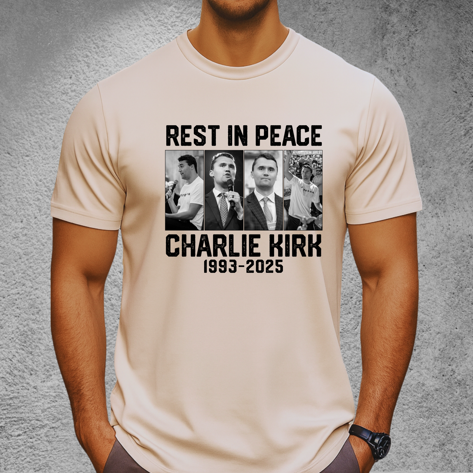 Close-up of Charlie Kirk memorial T-shirt text “Rest In Peace 1993-2025”