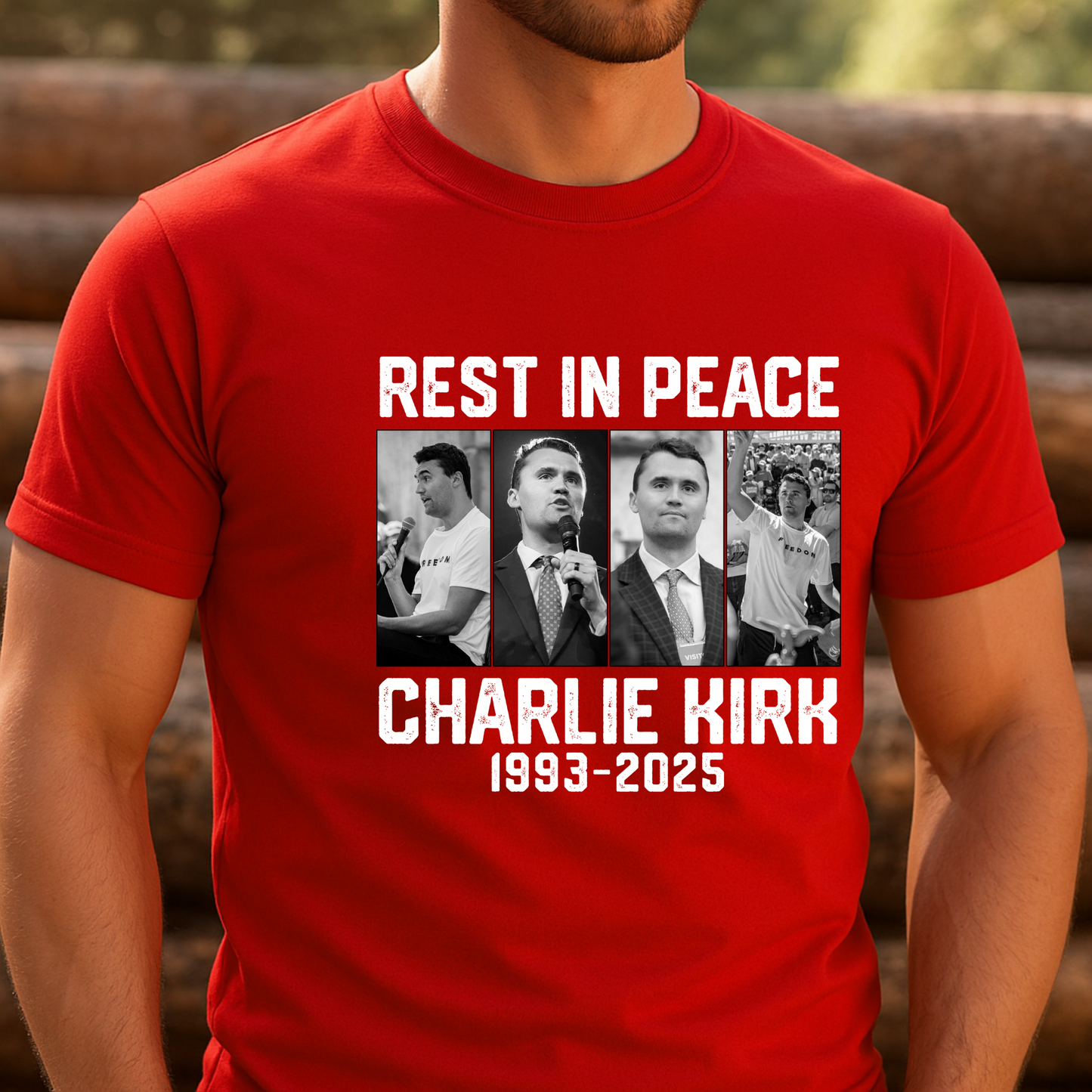 Red t-shirt with 'Rest in Peace Charlie Kirk 1993-2025' design featuring black and white images of a man.