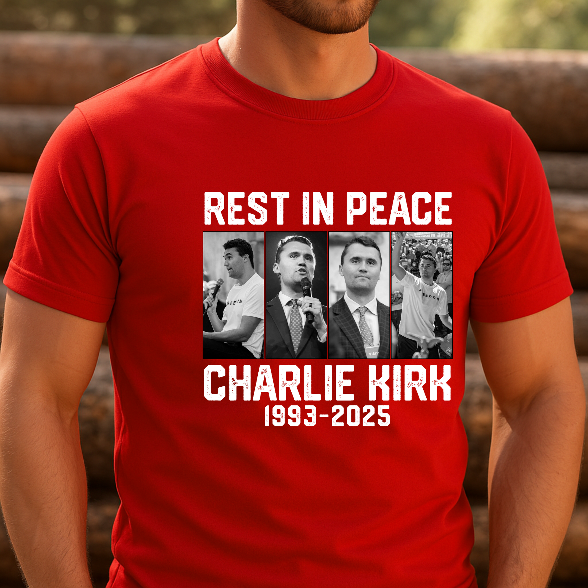 Red t-shirt with 'Rest in Peace Charlie Kirk 1993-2025' design featuring black and white images of a man.