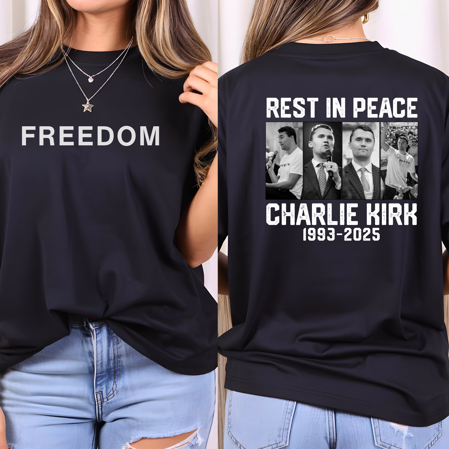 Black Charlie Kirk women’s Freedom T-shirt front and back