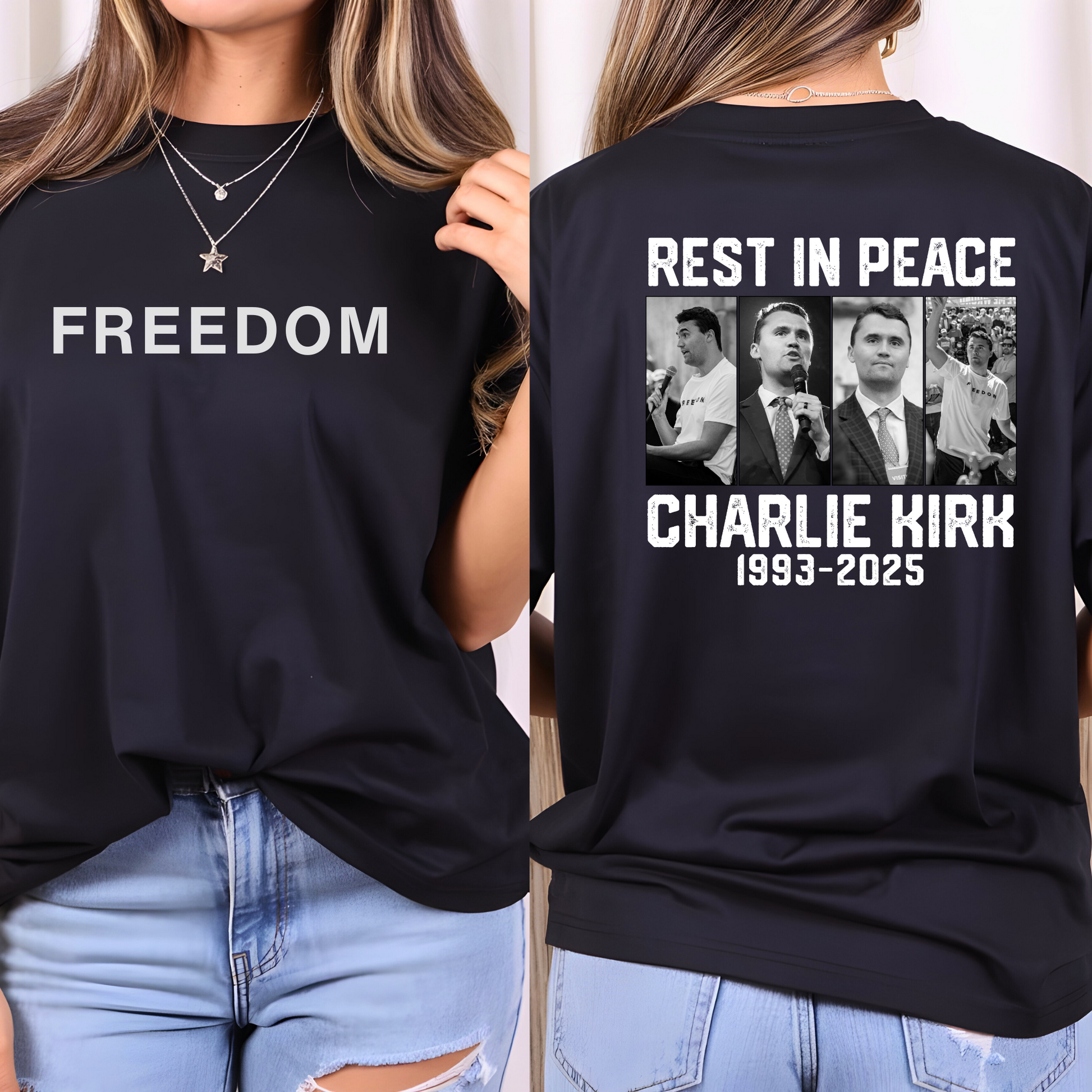 Black Charlie Kirk women’s Freedom T-shirt front and back