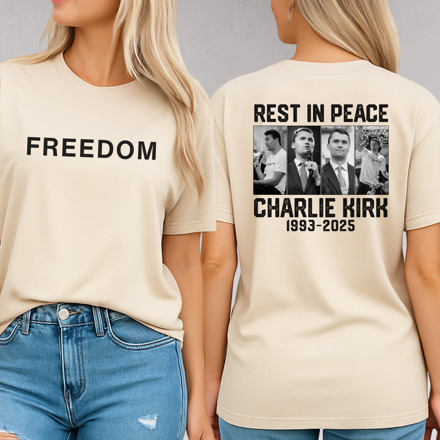 Sand Charlie Kirk memorial Freedom tee women’s fit