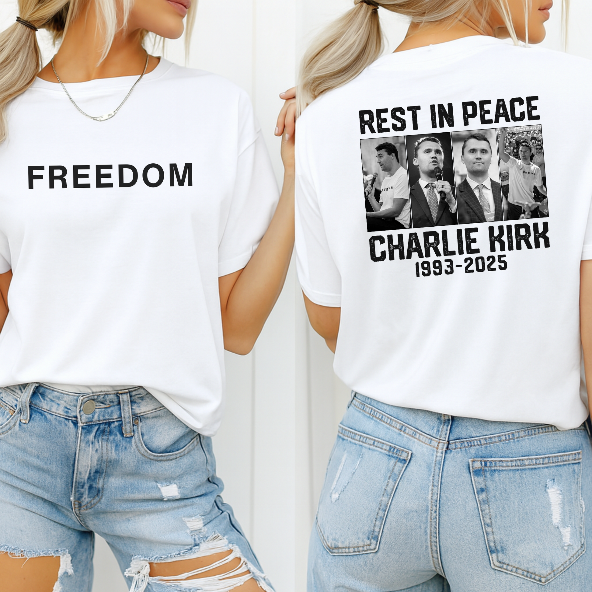 White Charlie Kirk women’s remembrance shirt Freedom front, tribute back