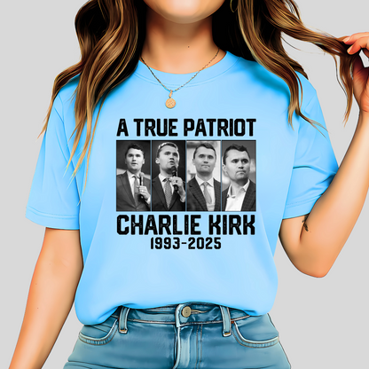 Women’s Charlie Kirk Memorial Shirt – A True Patriot Tribute Tee 1993-2025 (Light Blue)