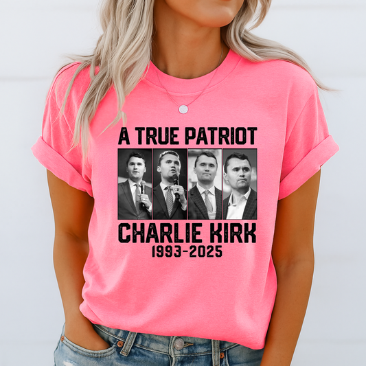 Charlie Kirk Memorial Shirt for Women – A True Patriot 1993-2025 (Pink)